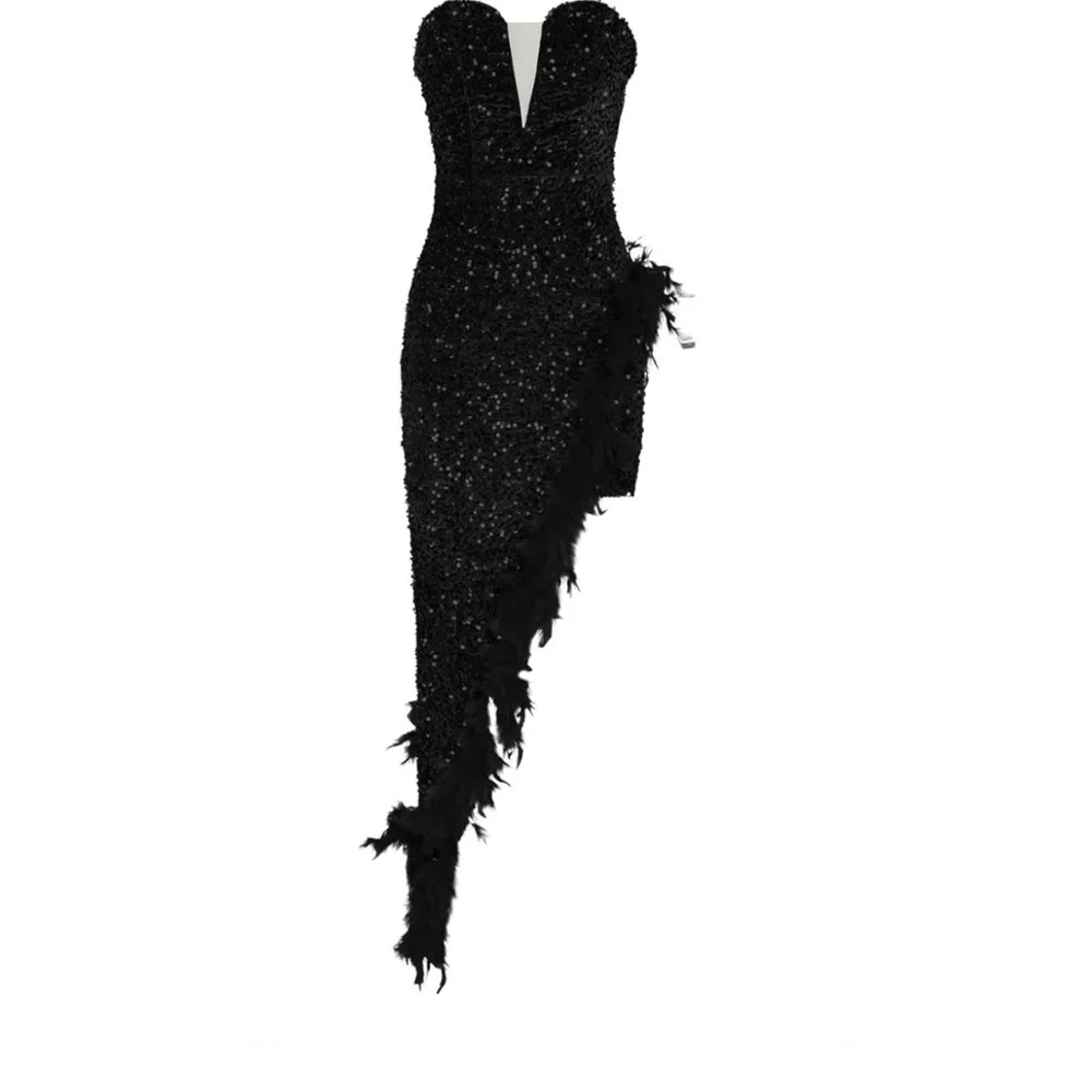 Women's Sequin Feather Dresses Evening Party Dress High Split Cocktail Dress - Picture 3 of 4